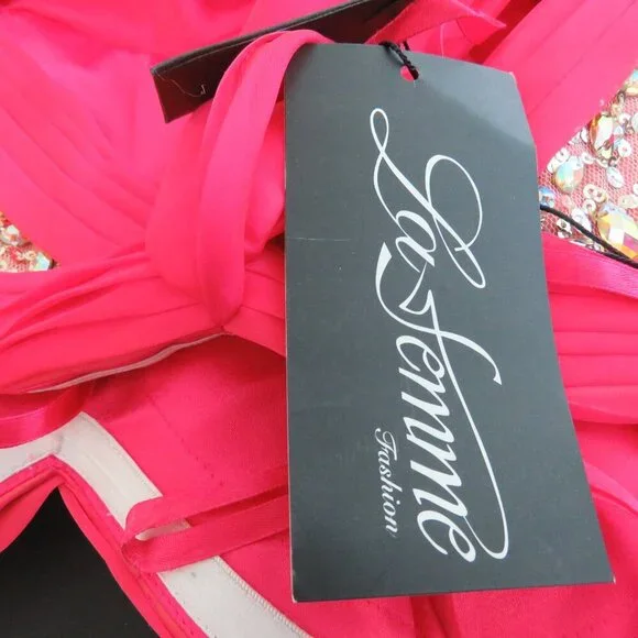 LA FEMME 18733 Beaded Bodice Chiffon Strapless Maxi Prom Dress Watermelon 4 NWT - Picture 15 of 15